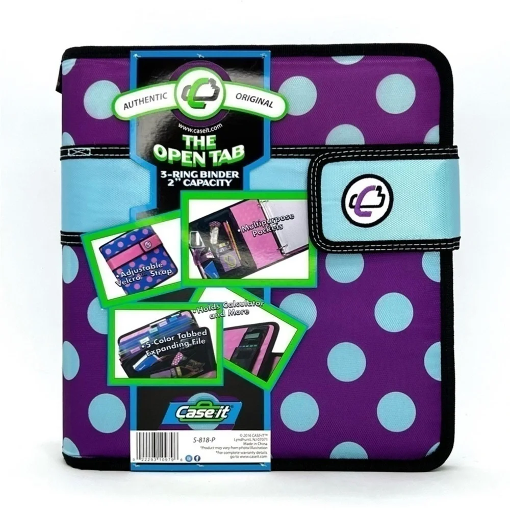 Case-It “The Open Tab” 2” Three Ring Binder Purple with Blue Polka Dots New NWT